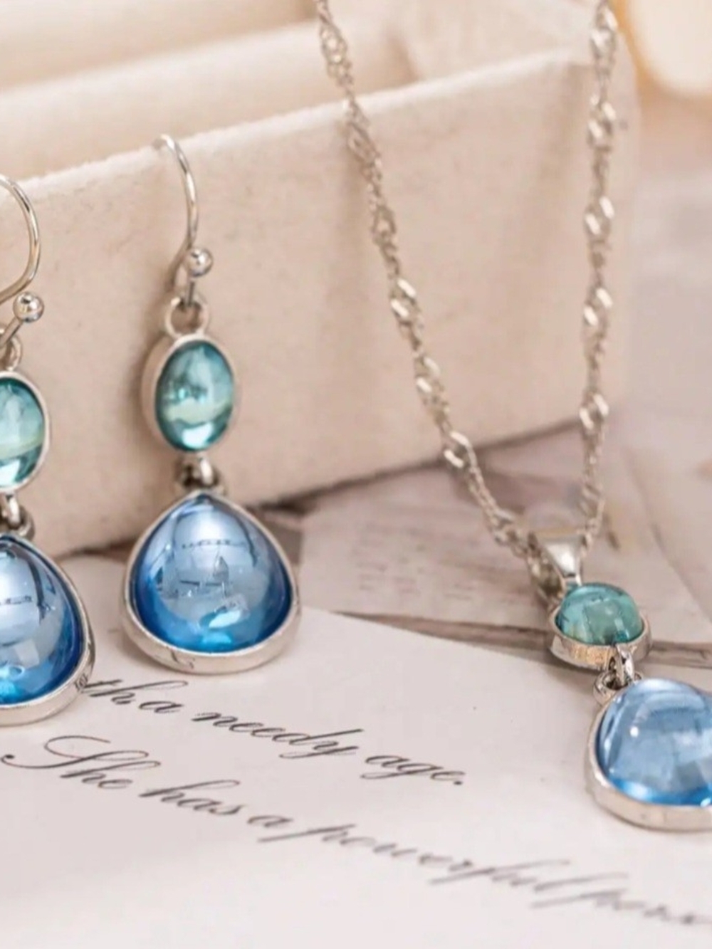 Necklace and Earring Set - Silver Tone Teardrop Blue Stones NWOT
